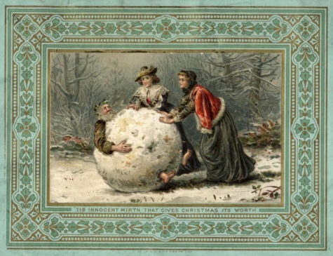 circa 1879:  Two women in Stuart costume roll Father Christmas through the woods in a giant snowball, on this unusual Christmas card.  (Photo by Hulton Archive/Getty Images)