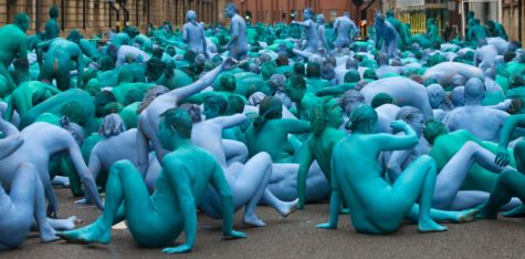 Naked volunteers, painted in blue to reflect the colours found in Marine paintings
