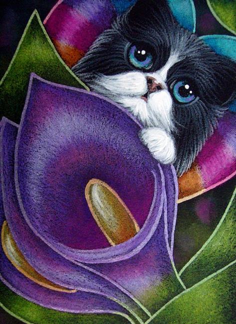 tuxedo-fairy-cat-behind-the-purple-violet-lily-flowers