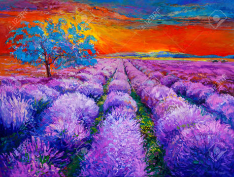 Original oil painting of lavender fields on canvas.Sunset landscape.Modern Impressionism